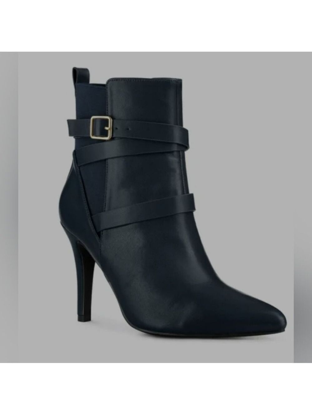 Perphy | Navy Blue Pointed Toe Stiletto Heel Ankle Boots | Elastic Cross Strap